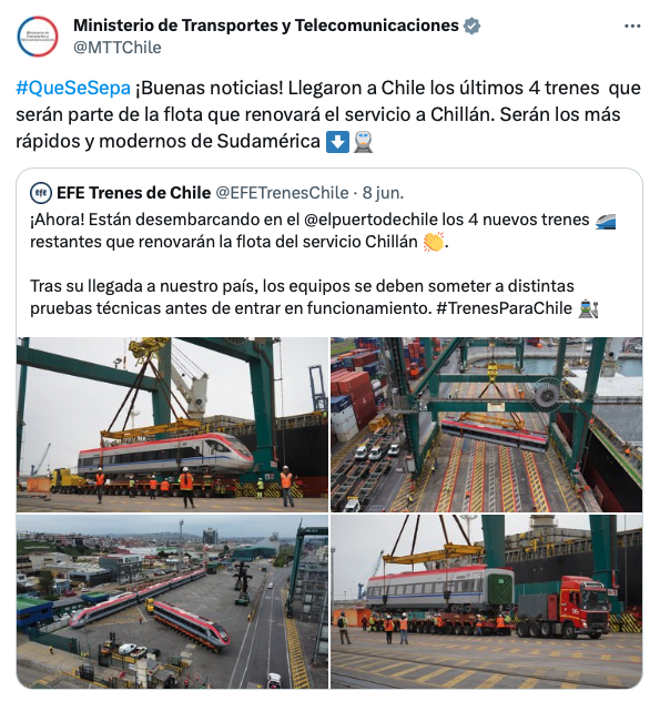 Llegaron a Chile los últimos 4 trenes que serán parte de la flota que renovará el servicio a Chillán.